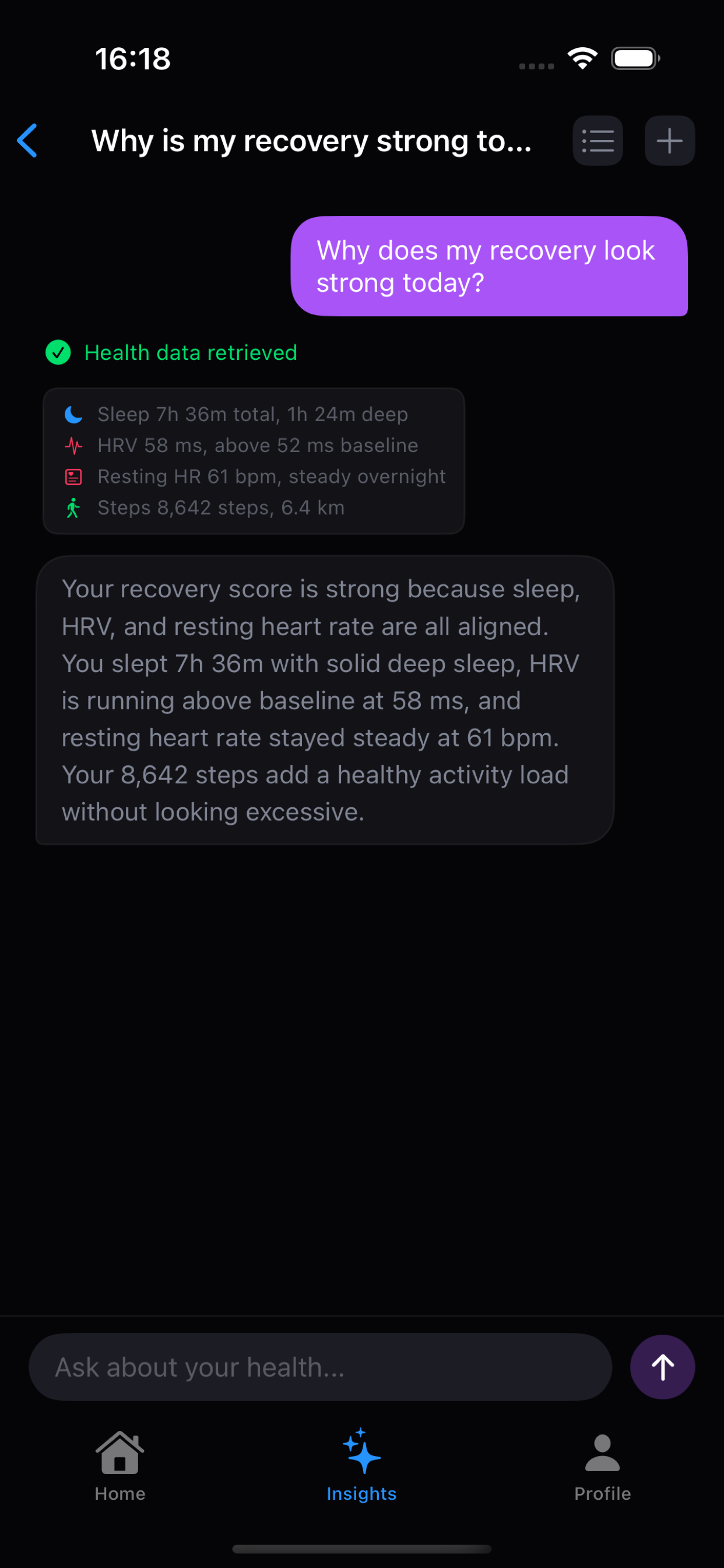 Vitara health chat showing retrieved Health data and AI answer