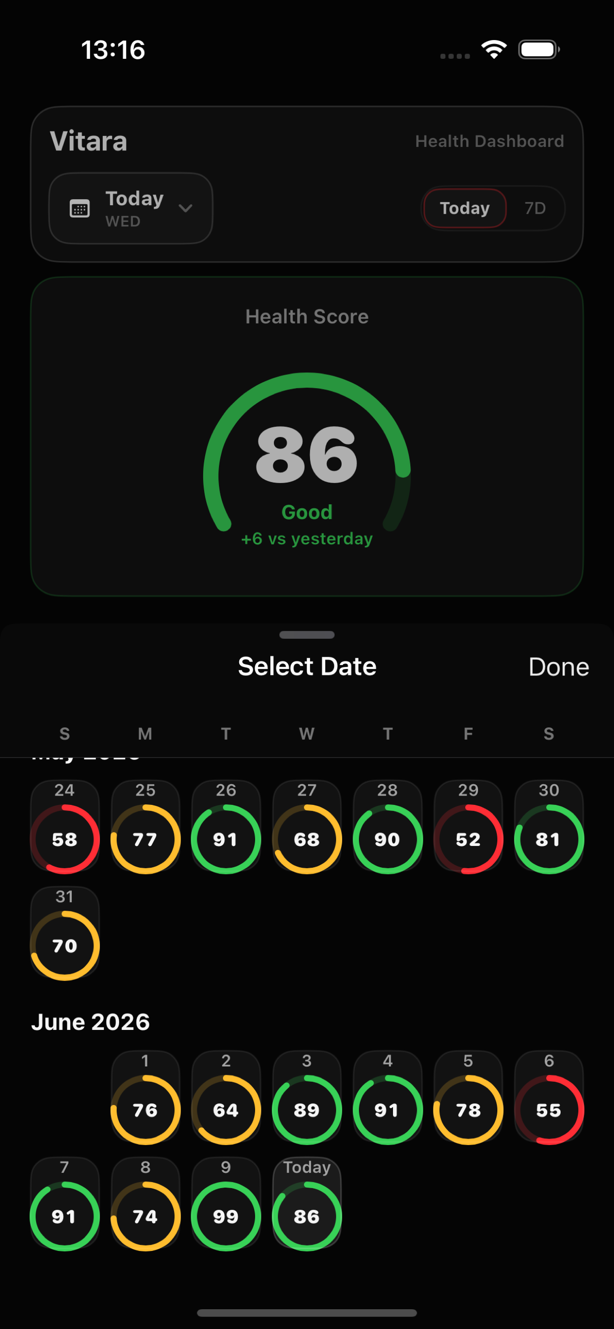 Vitara date picker showing daily health score rings with red, yellow, and green status colors