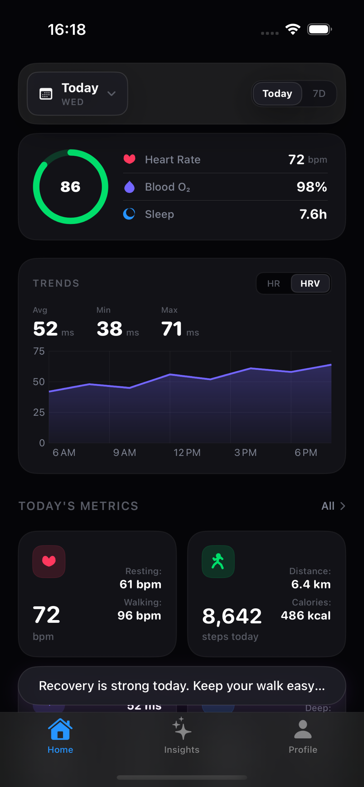 Vitara app dashboard showing health score and metrics