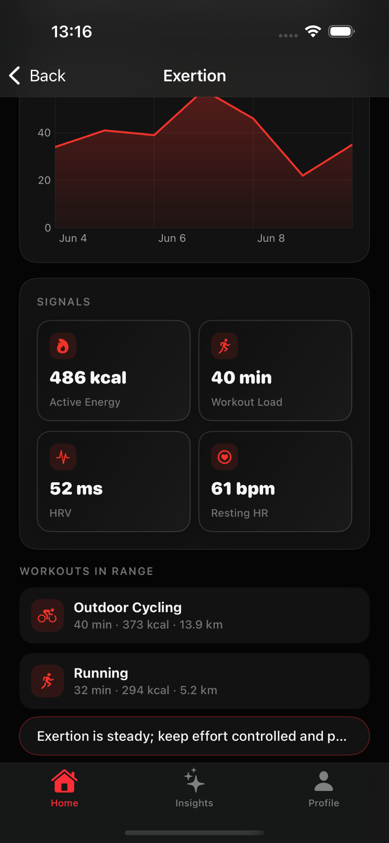 Vitara exertion detail showing score drivers and signal cards
