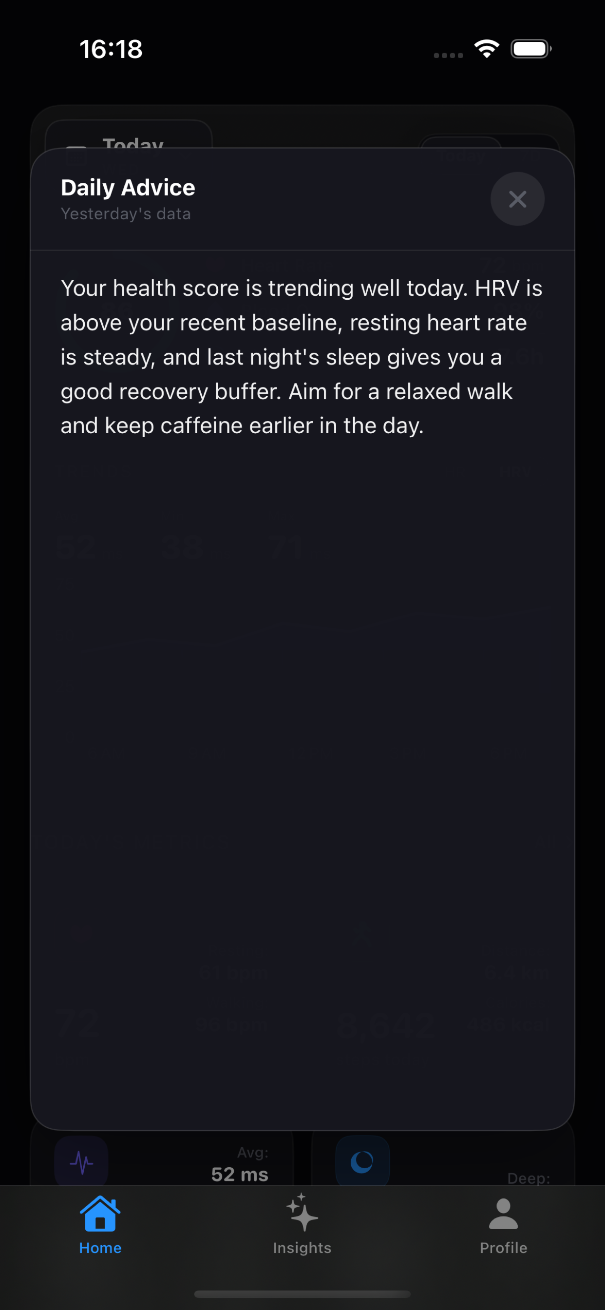 Vitara daily AI advice overlay with personalized health analysis