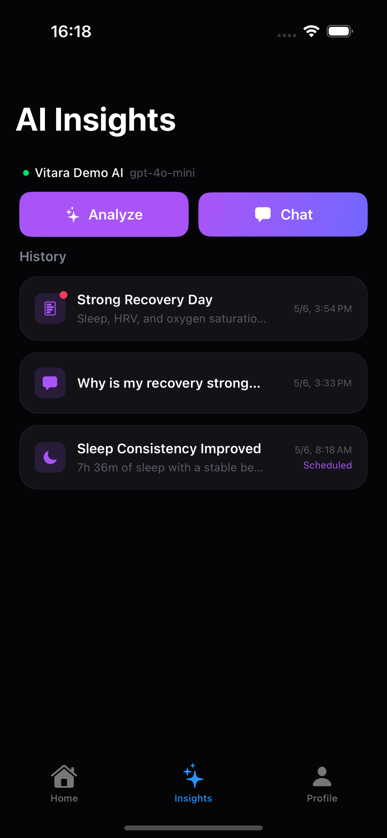 Vitara AI insights history with analysis records and chat sessions