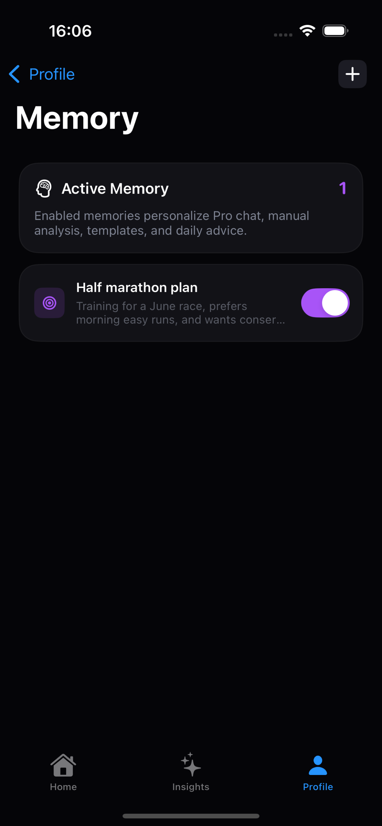 Vitara Memory screen showing an enabled half marathon training memory