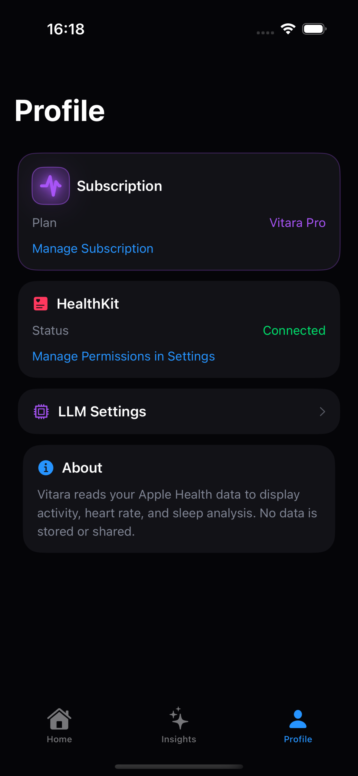 Vitara profile screen showing subscription status and settings