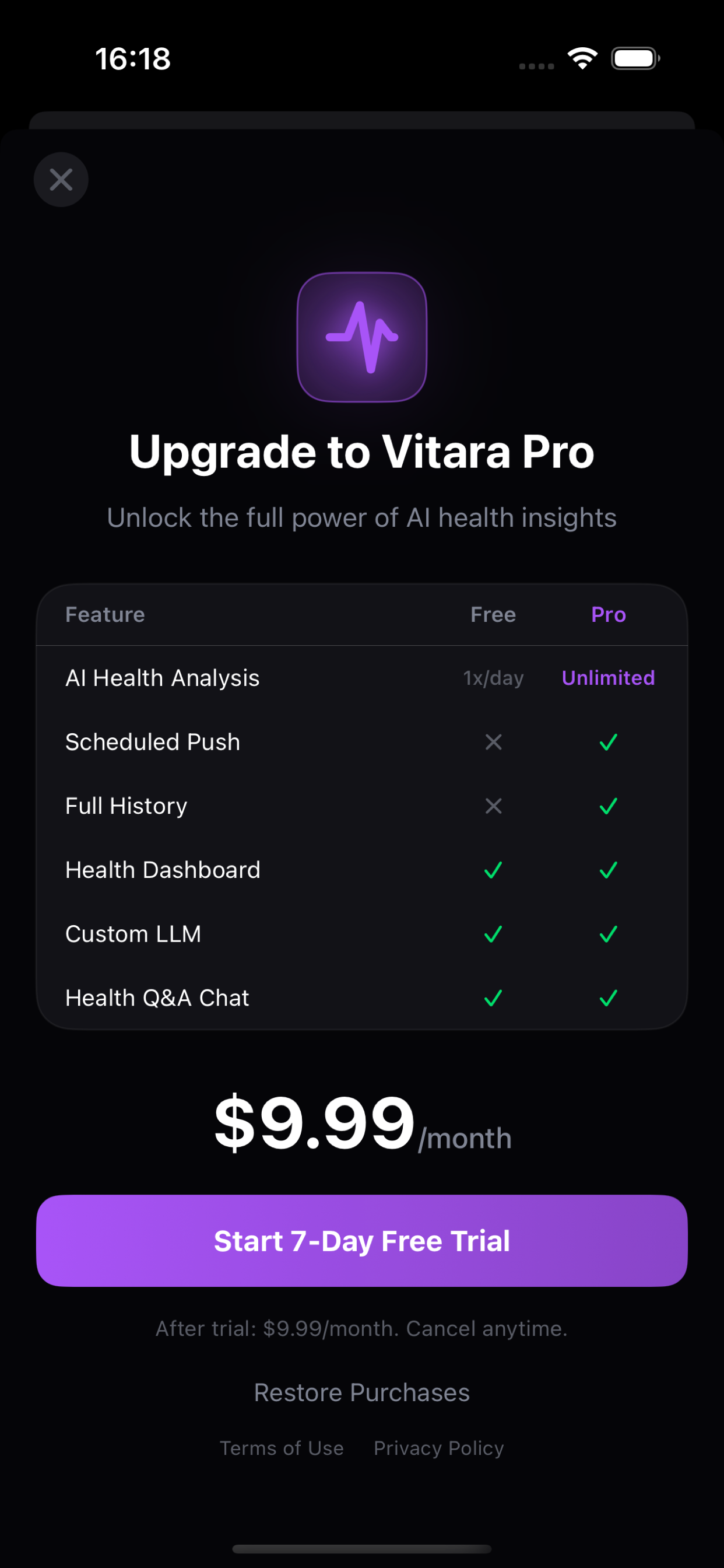 Vitara Pro subscription comparison screen